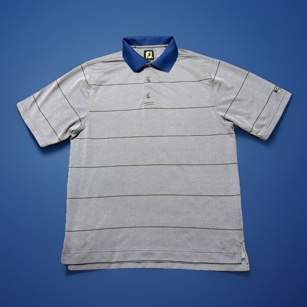 Footjoy FJ Polo Shirt Men's Large Blue Stripe Golf Tournament Embroidery